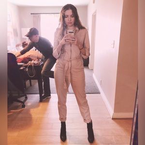 Target universal thread dusty pink jumpsuit denim belt zipper utility stretch